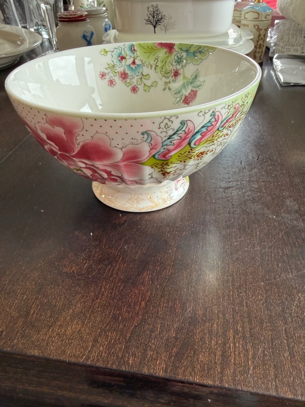 Porcelain Footed Bowl with Pink Floral Motif